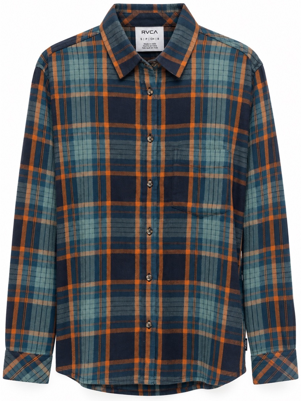 RVCA Men’s Plaid Flannel Shirt Small Teal Navy Orange 100% Cotton Button Up